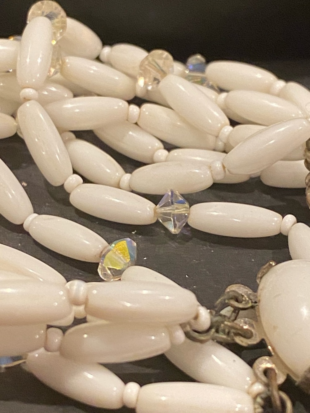 White Milk Glass Multi-Strand Beaded Bracelet with Crystal Accents - Picture 6 of 11